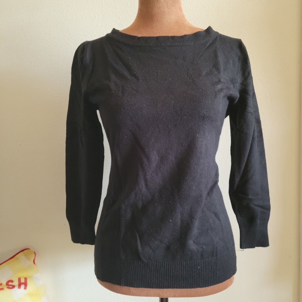 Valerie Stevens Black Knit Sweater Boat Neck 3/4 Sleeve Ribbed Side Detail Small